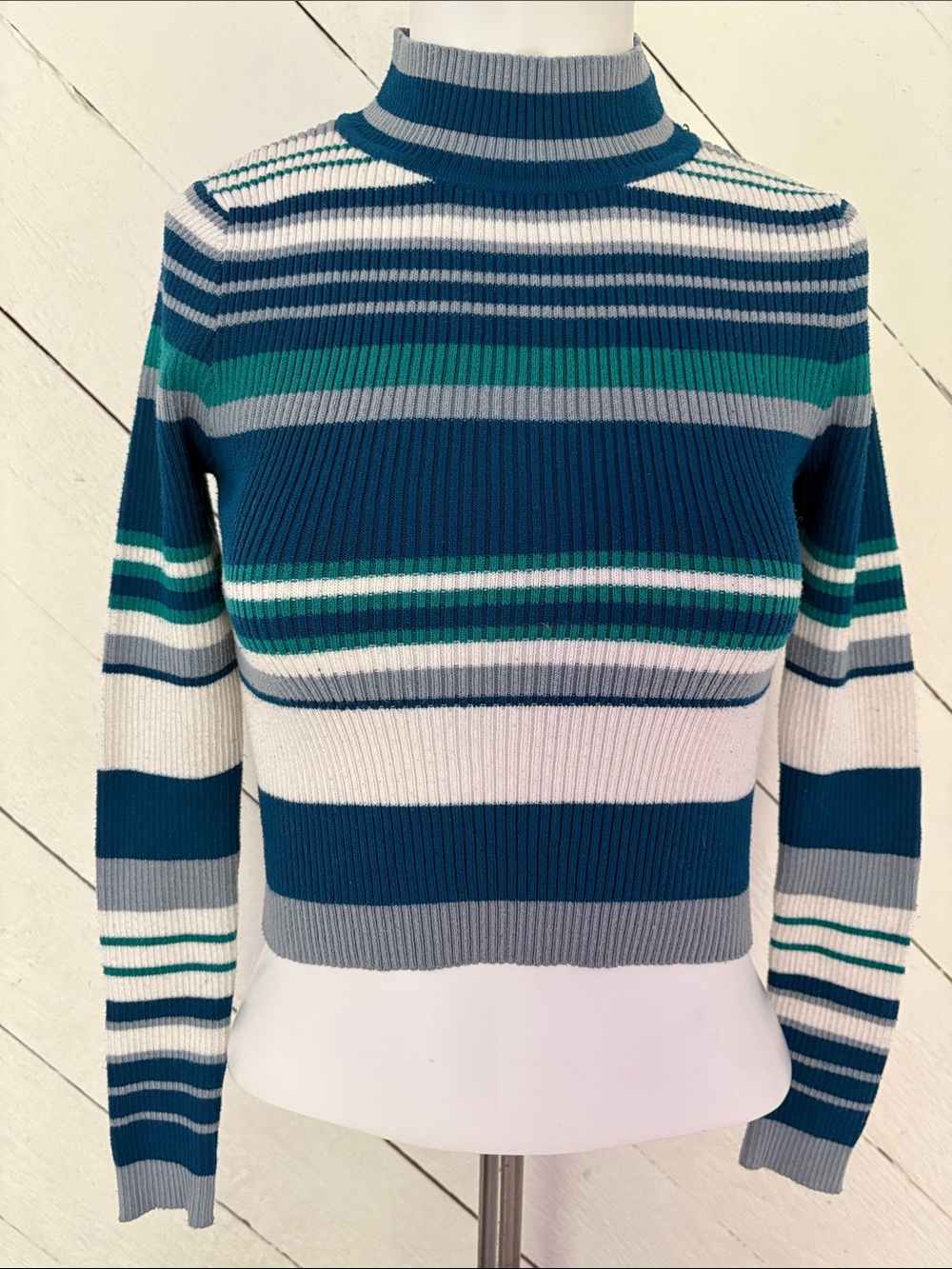 Vintage 90s Y2K MAZE Striped Ribbed Knit Mock Neck Crop Sweater Women’s Size S !